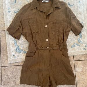 Zara Brown Button-Up Romper small